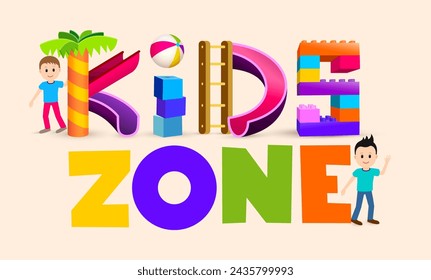 Banner logo for Kids Zone in cartoon style. Place for fun and play. Poster, banner for children's playroom decoration. Colorful bubble letters for children's playroom decoration. Inscription isolated.