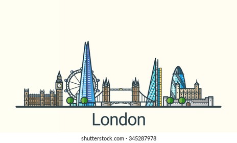 Banner of London city in flat line trendy style. All buildings separated and customizible. Line art.