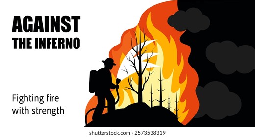 The banner of Lone Firefighter Facing a Wall of Flames. Conceptual Silhouette Illustration with Water Sprayer and Charred Trees in the Background, Vector Fire Safety Campaigns