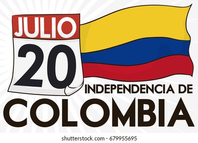 Banner with loose-leaf calendar with reminder date and tricolor flag to commemorate Colombia Independence Day (written in Spanish) in July 20.