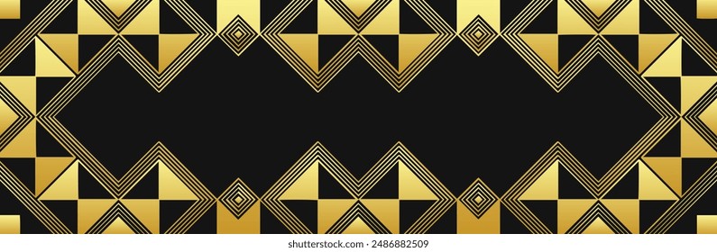 Banner, lorem cover design. Relief geometric ethnic fractal 3D pattern on a black background. Gold ornaments, arabesques, handmade. Tribal motifs of the East, Asia, India, Mexico, Aztec, Peru.