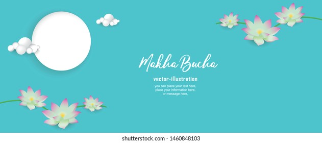 Banner lotus and moon on blue background - Buddha’s Day Buddhist Lent - Magha Asanha Visakha Puja Day