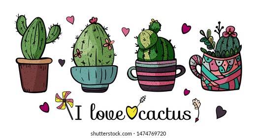 Banner I love cactus. Collection of bright potted plants. Scandinavian style, comfort in the house. Hygge. Doodles. - Vector. Vector illustration