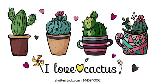 Banner I love cactus. Collection of potted plants. Doodles. Hygge. - Vector. Vector illustration