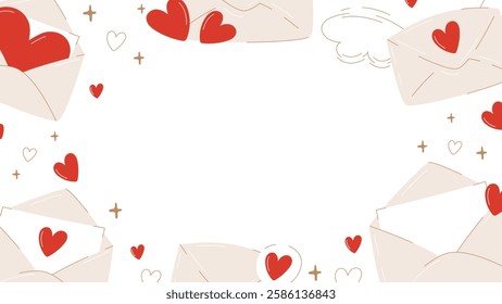 Banner with love letters frame. Envelope with declaration of love and hearts. Isolated white background with space for text in the middle. Vector illustration for invitation, romantic holiday, poster