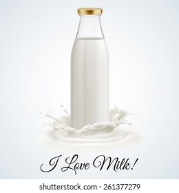 Banner I love milk. Closed glass bottle of milk