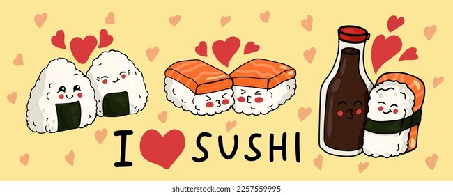 Banner. I love sushi. Onigiri, Nigirizushi and soy sauce.
Doodle cartoon style.