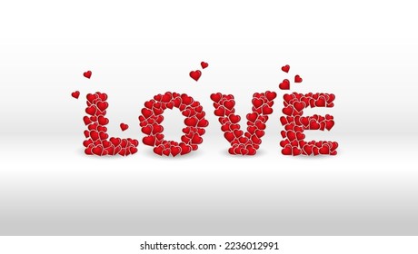 Banner. Love text with small red hearts on white background with copy space for advertisement. Vector illustration. Valentine's day, Love and holiday concept