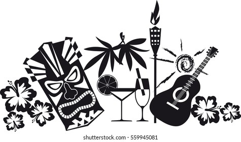 Banner for luau party with Hawaiian theme objects, EPS 8 vector silhouette, no white objects 