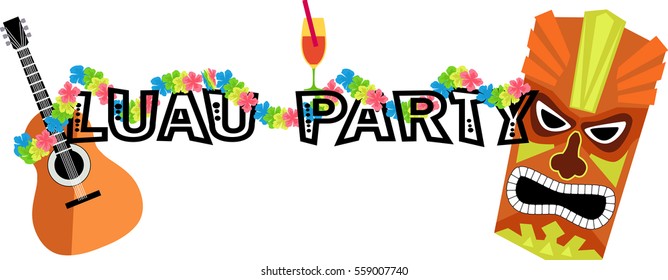 Banner für eine Luau-Party mit Ukulele, Ttiki-Maske und Lei, EPS 8 Vektorillustration-Illustration, keine Folien 