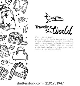 Banner with luggage elements on white background. Travelling by airplane. Tourism. Large suitcases, hand luggage, valise and small bags. There is an indent for text. Hand drawn sketch style doodle.