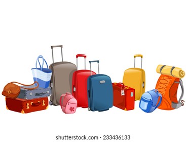 banner with luggage, suitcases, backpacks, packages. vector illustration