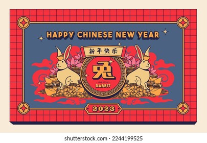 Banner Lunar Chinese New Year 2023 of the Rabbit. Landscape cartoon, 90s retro nostalgic style. Vintage Blue-Red,
 Rabbit on top money and gold. Translation Top: Happy New Year
Middle: Rabbit