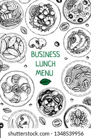 Banner of lunch and dinner ingredients top view. Food elements collection. Hand drawn vector illustration for fllyer, menu