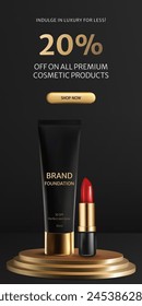 Anuncio de lujo 3D negro y oro base tubo y lápiz labial se encuentra en un fondo de podio. Elegante escaparate para productos cosméticos, perfecto para presentaciones de publicidad o embalaje. No la IA.