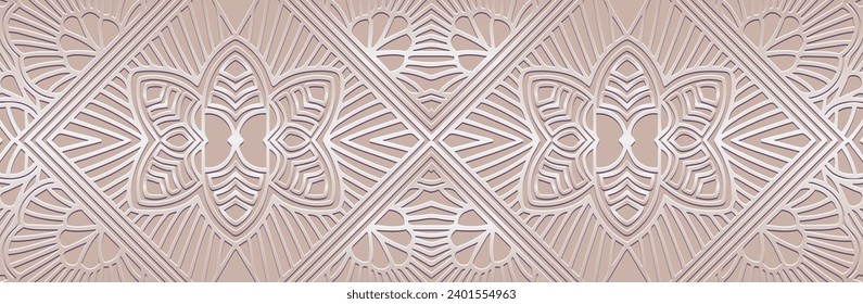 Banner, luxury cover design. Embossed ethnic tribal geometric 3D pattern on satin light background. Motifs of the peoples of the East, Asia, India, Mexico, Aztec, Peru. Boho style.