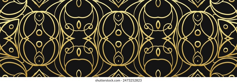 Banner, luxury cover design. Relief geometric ethnic 3D pattern on a black background. Gold ornaments, arabesques, handmade. Boho motifs, traditions of the East, Asia, India, Mexico, Aztec, Peru.