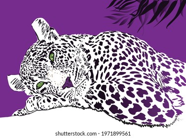 Banner with a lying pensive leopard on a colored background with tropical leaves. Creative illustration on the theme of wildlife and animals
