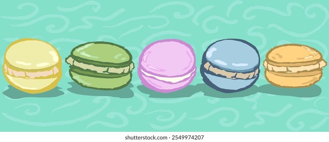 Banner with macaroons. Hand draw with texture and nice colors. Vector, isolated.
