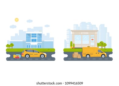 Banner with the machine yellow cab in the city. Public taxi service concept. Cityscape, airport, hotel, store on the background. Flat vector illustration.