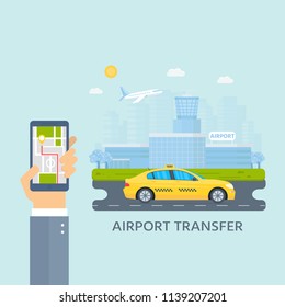 Banner with the machine yellow cab in the city. Hand holding phone with taxi service mobile app . Cityscape, airport on the background. Flat vector illustration.