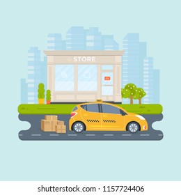 Banner with the machine yellow cab in the city. Public taxi service concept. Cityscape, store on the background. Flat vector illustration.