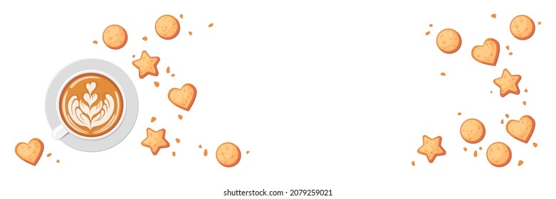 Banner made with cappuccino cup and cookies. Valentine day concept. Cartoon vector illustration. Flat design. Top view.