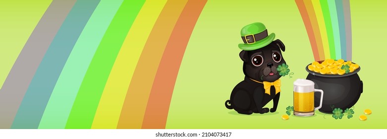 Banner made with a cute black pug in Leprechaun hat, glass of beer and pot of gold. Saint Patrick Day card. Cartoon sweet dog with clover and rainbow. Vector illustration.