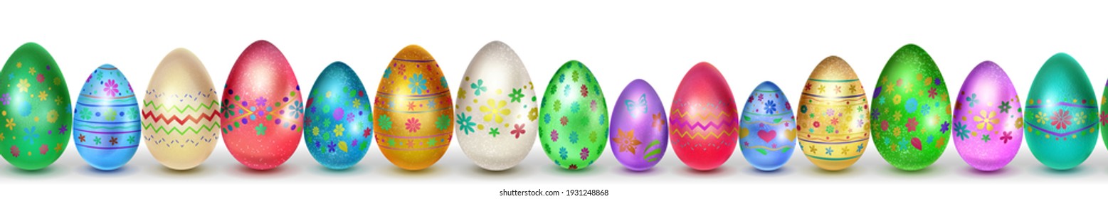 Banner made of realistic Easter eggs in various colors with holiday symbols, glares and shadows on white background with seamless horizontal repetition