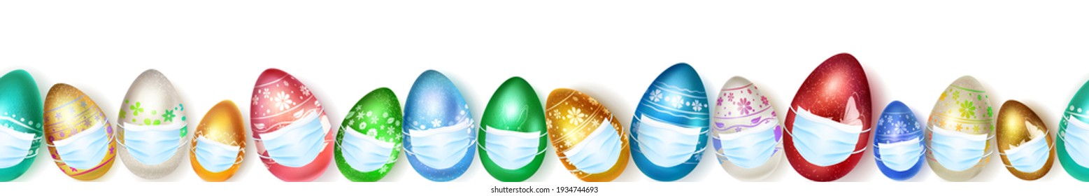 Banner made of realistic Easter eggs in various colors with holiday symbols in medical masks on white background with seamless horizontal repetition