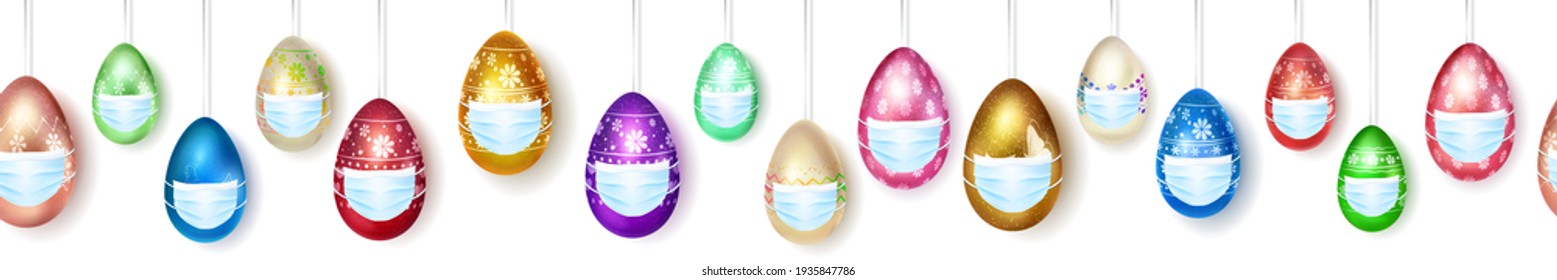 Banner made of realistic hanging Easter eggs in various colors with holiday symbols in medical masks on white background with seamless horizontal repetition