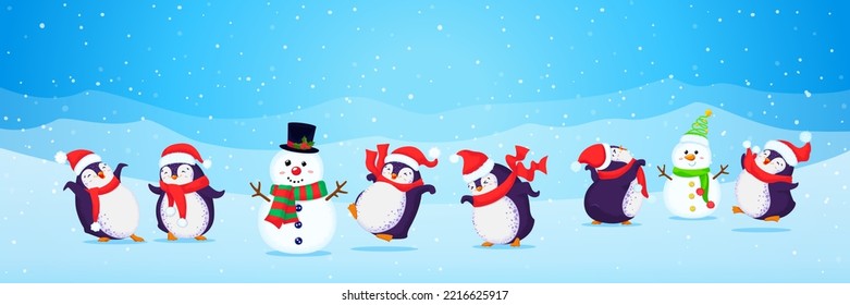 Banner made with a set of Christmas cartoon cute dancing penguins ans snowmen. Funny birds in santa hats and scarves. Isolated.