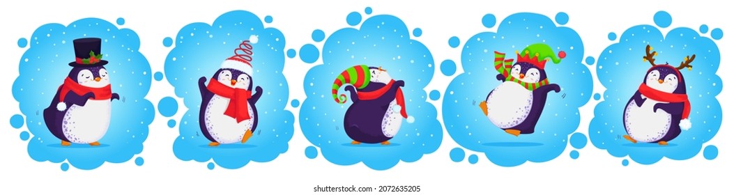 Banner made with set of Christmas hand drawn cute penguins. Colored vector illustration with dancing penguins in cartoon style.