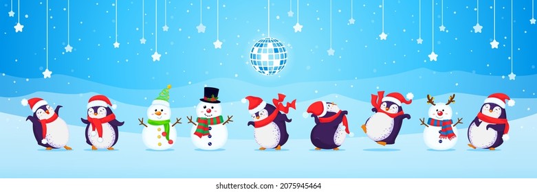 Banner made with set of Christmas hand drawn cute dancing penguins.