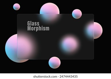 Banner made of transparent frosted glass with spheres on a black background.