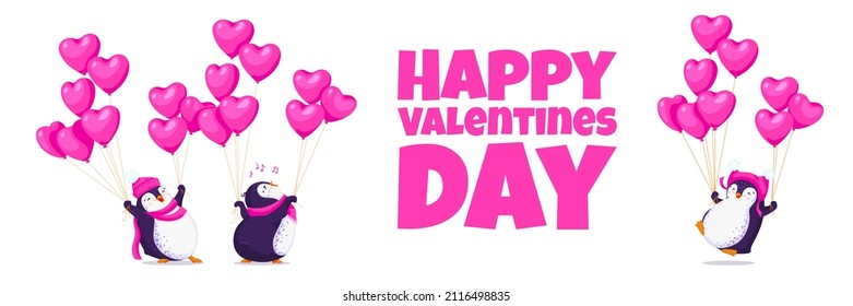 Banner made for Valentine Day with a funny penguins in a cute hats. Cartoon penguin with pink balloons hearts. White background. Vector illustration.