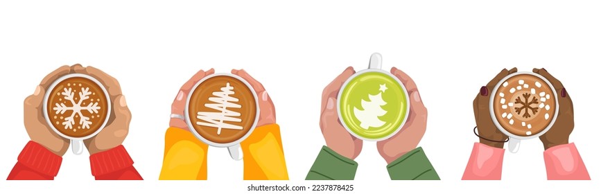 Banner made with women and men hands holding coffee cups with latte art and marshmallow. Cappuccino crema with snowflake and Christmas tree shape. Top view. New year concept. Isolated.