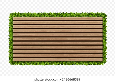 Banner made from wooden slats. With a frame of grass and green leaves. Template isolated on transparent background. Vector illustration