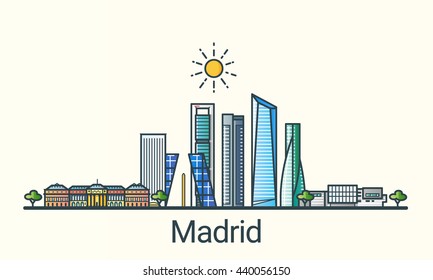 Banner da cidade de Madrid em linha plana estilo moderno. Arte da linha da cidade de Madrid. Todos os edifícios separados e personalizáveis.