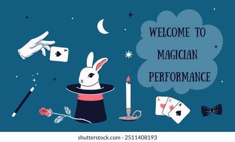 Banner of magician show with rabbit in hat, cards, candle, rose, magic wand. Vector graphics.