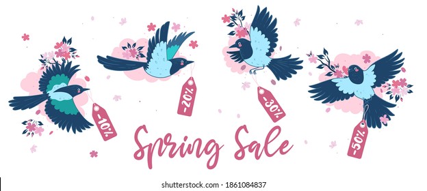 Banner with magpies and sakura. Spring sale. Vector graphics.