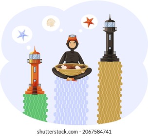 Banner with main attraction of south korean island Jeju aquatic landmark and marine life. Lighthouse and diving. Happy diver holding plate with seafood. Scuba diving for tourists, nautical excursion