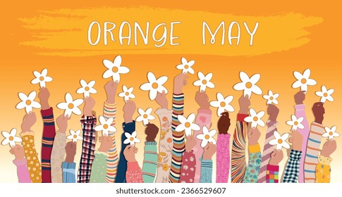 Banner Maio Laranja- Orange May in Brazil-campaign fighting against violence abuse and exploitation of children and adolescents.Many raised hands of children with flowers in their hands