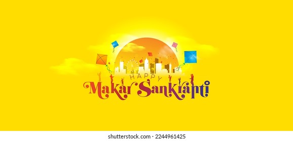 Banner of Makar Sankranti festival. Indian hindu festival. Cloud and Sun background with People holding and flying Kites in sky.