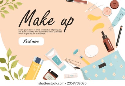 Banner with make up concept. Cosmetic products near bag. Aesthetics and elegance, beauty. Landing page design. Pack of beauty goods for skin and face care. Cartoon flat vector illustration