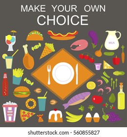 Banner Make your choice between Healthy Food and Fatty Food. Vector illustration eps 10.