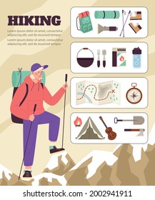 Banner with male tourist who travel in mountains and set of accessories for tourism. Adventures, journey in nature, climbing at rocks and wanderlust. Vector illustration.