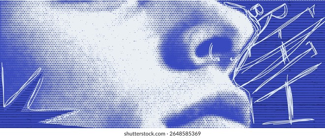 Banner with man face, halftone effect. Nose with scribble text Breathe at the blue bg. Rockstar mixmedia vector zine background.
