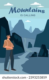 Banner man hiking. Man at evening near mountains. Active lifestyle and leisure. Traveler and tourist rest at nature. Spring and summer season. Flyer and booklet. Cartoon flat vector illustration