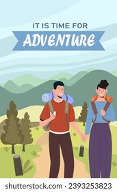 Banner man hiking. Man and woman walk with bags. Active lifestyle and leisure. Traveler and tourist rest at nature. Spring and summer season. Template and layout. Cartoon flat vector illustration